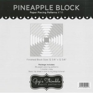 May include: A paper piecing pattern titled "PINEAPPLE BLOCK" with the text "Paper Piecing Patterns #718." The finished block size is 12 3/8" x 12 3/8". The package includes 36 paper piecing patterns, a master copy, and a basic tip sheet.