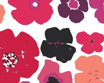Könnte beinhalten: Ein weißer Hintergrund mit einem Muster aus bunten Blumen. Die Blumen sind in den Farben Rosa, Rot, Orange, Lila und Schwarz. Die Blumen sind alle in verschiedenen Formen und Größen.