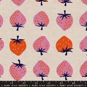 May include: A repeating pattern of stylized strawberries in pink and orange on a beige background. The strawberries have dark blue stems and are dotted with smaller orange circles. The fabric has a textured appearance.