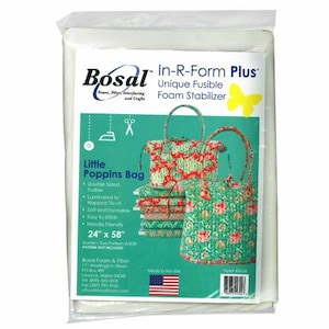 May include: A pack of Bosal In-R-Form Plus Unique Fusible Foam Stabilizer, a white fabric stabiliser for quilting and crafts. The pack shows a colourful quilted bag with the text "Little Poppins Bag" and the dimensions 24" x 58".