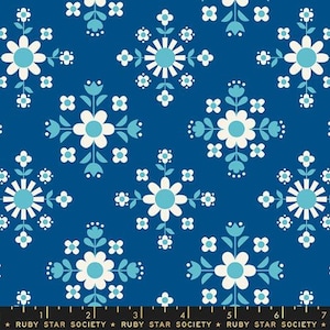 May include: A seamless pattern featuring a repeating design of stylised white flowers with blue centres and blue leaves on a deep blue background.