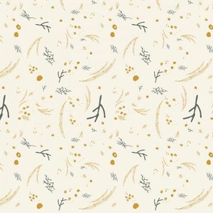 May include: A seamless pattern featuring a repeating design of stylized branches, leaves, and dots in shades of gold and gray on a cream background.