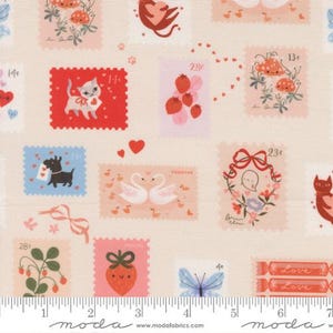 May include: A fabric pattern featuring postage stamp designs with various illustrations. Stamps include cats, dogs, strawberries, swans, and butterflies. The stamps are in shades of red, pink, blue, and peach, with the word "Forever" on one stamp.