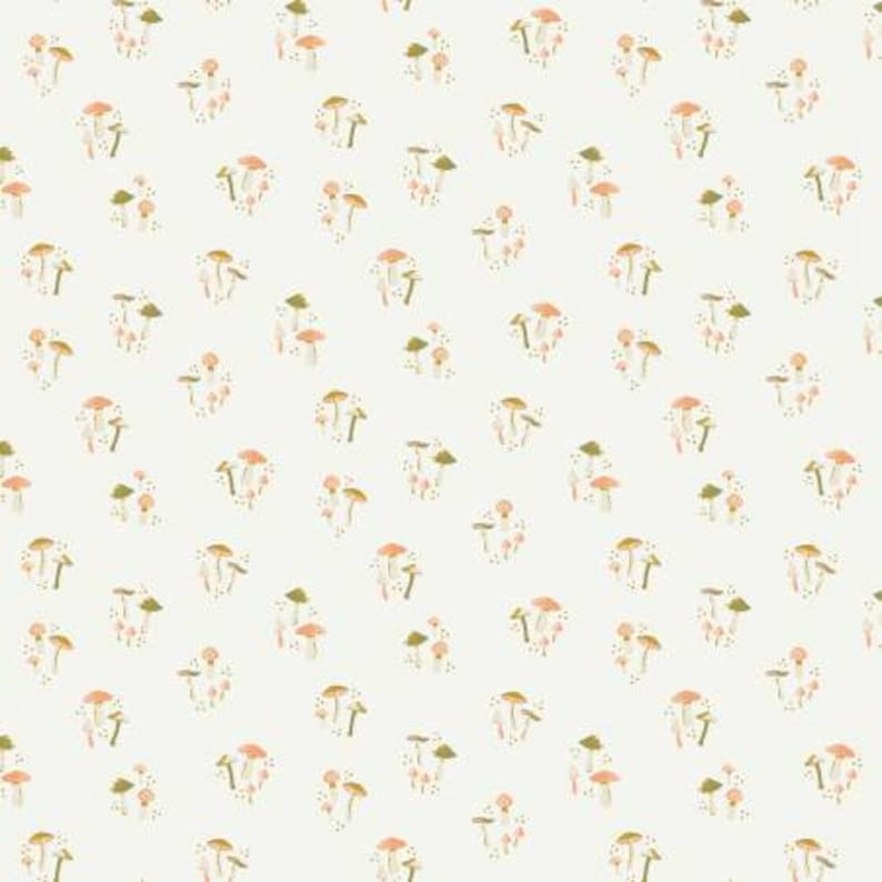 May include: A seamless pattern featuring a repeating design of small, stylized mushrooms in shades of pink and green on a white background.