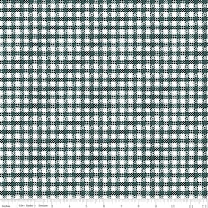 Op de afbeelding: Een groene en witte gingham stof met een herhalend patroon van vierkanten. De stof wordt gemeten in inches.