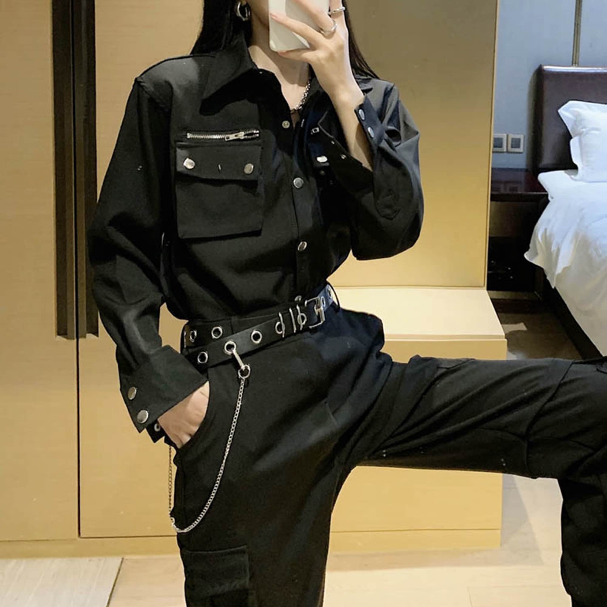 Women Black Cargo Pants Belt chains Black Techwear Cargo Etsy