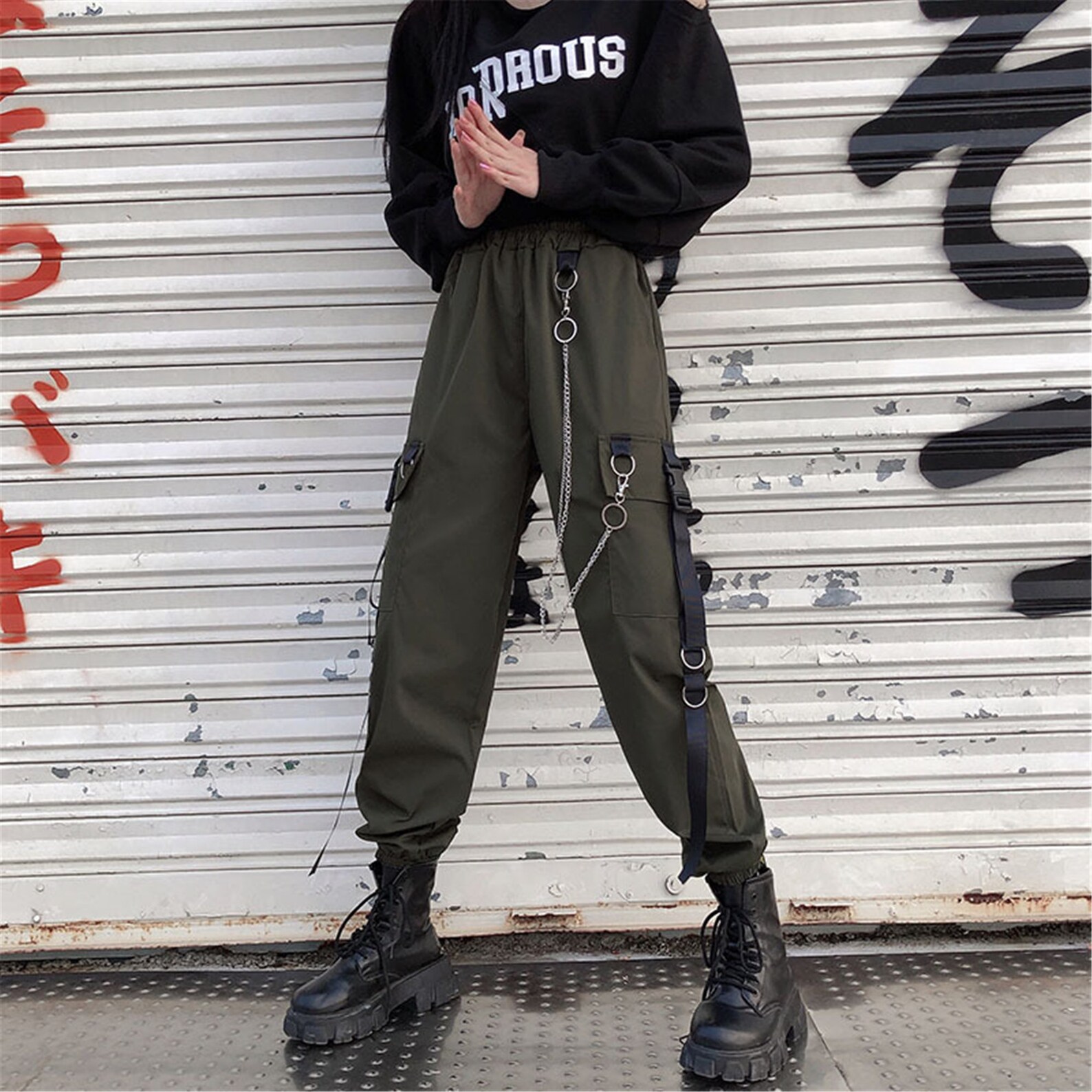 Women Black Cargo Pants Cyberpunk Straps Streetwear Harajuku | Etsy
