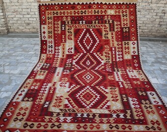 7x10 Afghan Large Kilim Area Rug, Vintage Handmade Wool Rug 1980s Antique Turkmen Flatweave Geometric Rug, Rugs For Living Room Dining Table