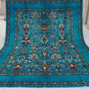8x10 Turquoise Bijdar Rug, Turkish Floral Sultani Rug, Handmade Wool Rug, Oriental Rug, Living Room Rug, Bedroom Rug, Modern Oushak Area Rug