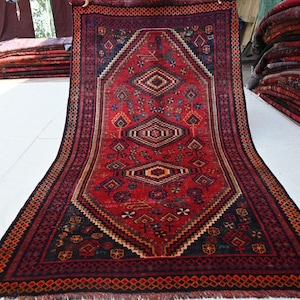 4x7 Antique Rug 4&#39;1x7&#39;3 ft Turkmen Caucasian Rug, Afghan Handmade Low Pile Wool Rug, Oriental Geometric Area Rug Living Room Rug Bedroom Rug