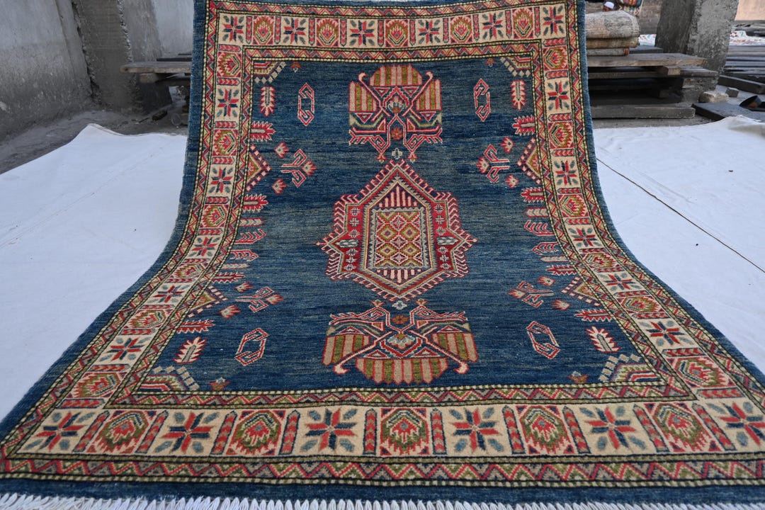 5'5x4 Ft Blue Medallion Rug, Turkish Rug, Handmade Low Pile Wool Rug ...