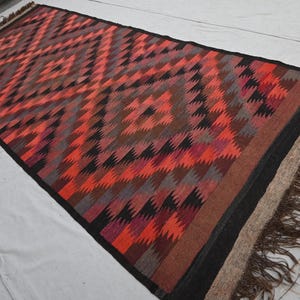 1900s Antique 4x11 Terracotta Orange Rug 4&#39;4x10&#39;7&quot; Afghan Handmade Wool Rug, Flatweave Kilim Rug Oriental Geometric Rug, Wide Hallway Runner