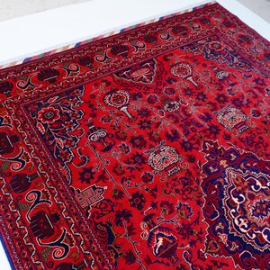 13x9 ft Large Afghan Rug, Hand Knotted Zer Khaki Geometric Bukhara Rug, Oriental Turkmen Tribal Rug, Red Living room Rug Dining Table Carpet Bild 3