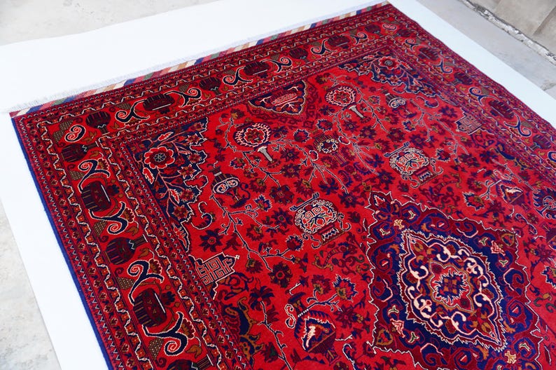 13x9 ft Large Afghan Rug, Hand Knotted Zer Khaki Geometric Bukhara Rug, Oriental Turkmen Tribal Rug, Red Living room Rug Dining Table Carpet Bild 3