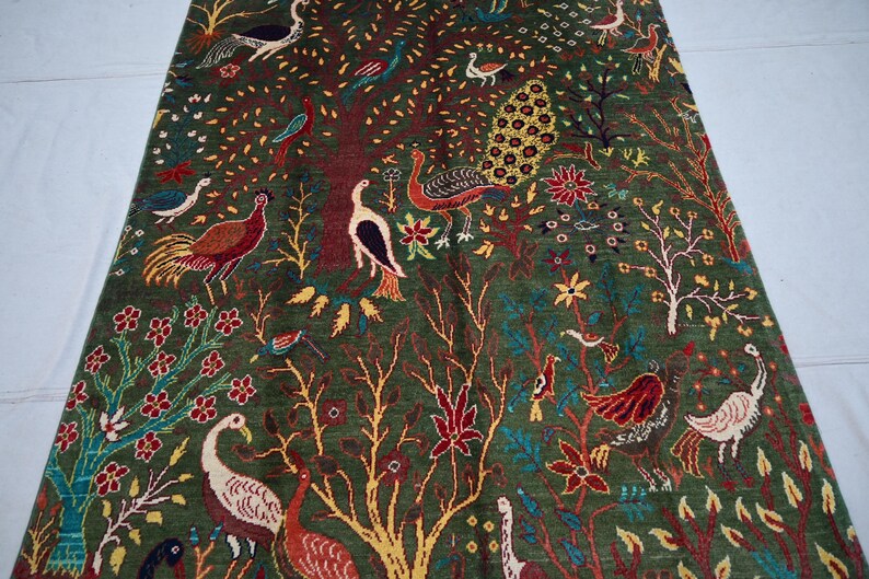 5x7 Green Pictorial Rug, Afghan Rug, Handmade Fine Wool Rug, Peacocks