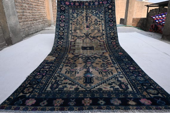 1900s Antique One one of a kind Rug 4'7x9'4 ft Turkmen Caucasian Pictorial Rug, Handmade Wool Rug, No Pile Distress Faded Rug, Oriental Rug