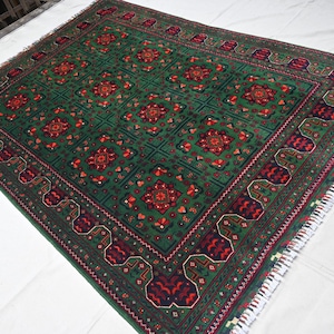 5x7 Green Afghan Rug, Tribal Bukhara Rug, Top Quality Handmade Soft Pile Wool Rug, Khal Muhammadi Design Rug 150x200 cm Living Room Area Rug