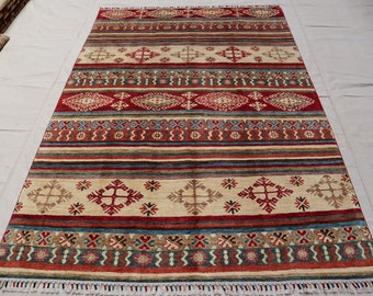 Striped Rug 5'7x8 Afghan Area Rug, Handmade Veg dyes rug, 6x8 Oriental Area rug, Traditional rug, Bedroom, Living room, Dining table Carpet