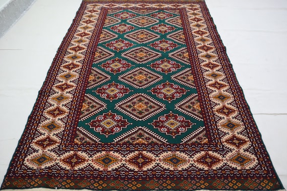 Green Tribal Rug 4'4x6'3 ft Afghan Vintage Rug, Handmade Wool Area Rug, Oriental Antique Rug in Excellent Rug, Turkmen Rug, Bedroom Rug 4x6