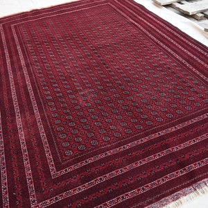 7x10 Vintage Red Turkmen Mowri Bukhara Rug, Afghan Hand Knotted Wool Area Rug, Tribal Bukhara Rug, Oriental Rug, Bedroom Rug Living Room Rug