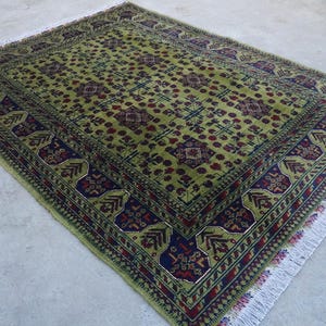 5x7 Green Afghan Rug, Tribal Bukhara Rug, Handmade Wool Rug, Oriental Area Rug, Bedroom Rug, Modern Vintage Rug 155x200 cm Living Room Rug
