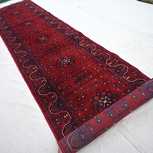 10 ft Runner Rug, Turkmen Bukhara Vintage Rug, Handmade Wool Rug, Khal Muhammadi Rug, Oriental Rug, Hallway Runner Rug, Kitchen Runner rug