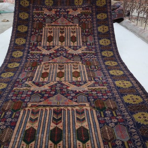 4x8 ft Vintage Pictorial rug, Afghan Navy blue Baluchi Rug, High Pile Soft Wool rug, Hand-knotted Oriental Area rug, Tribal Antique Carpet