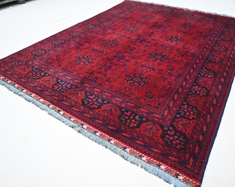 Stunning Afghan Rug 5x7 Handmade fine Wool rug, Turkmen Tribal Rug- Khal Muhammadi Bukhara Rug, Red Dark Blue Rug, Oriental rug, Living Room