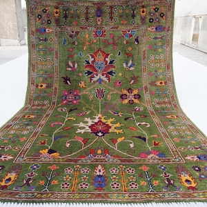 4x6 Green Bijdar Rug, Turkish Sultani Area Rug, Handmade Wool Rug, Oriental Rug, Living Room Kids Room Rug 125x185 cm Modern Floral Area Rug