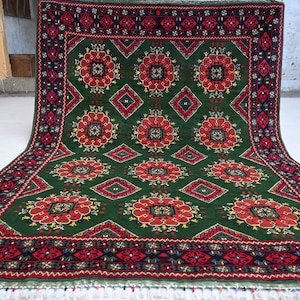 Green Patnoos Gull Bukhara Rug 5x7 Afghan Handmade Wool Area Rug, Turkmen Tribal Rug, Fine Soft Organic dyes Rug, Bedroom Rug, Office Carpet