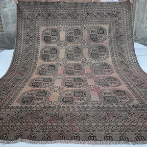 Terracotta 1920s Antique Area Rug 7x9 Low Pile Faded Rug, Afghan Handmade Wool Rug, Collector Piece Oriental Turkmen Ersari One of Kind Rug