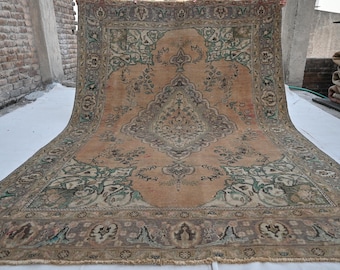 7x10 Antique Handmade Afghan Wool Rug: Large Geometric Turkmen Tribal Rug, Caucasian Design Rug, Terracotta 1920s Vintage Rug
