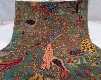 3'4 x 5 ft Handmade Pictorial Rug, Afghan fine quality Wool Rug, Green Rug Birds Trees Peacock Art deco rug, Oriental Rug Kitchen, Kids Room
