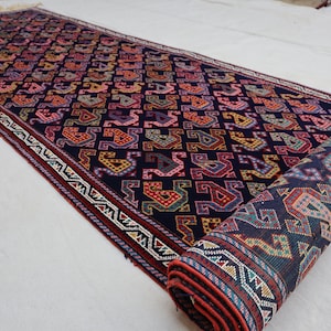 3&#39;4x12&#39;5 ft Vintage Paisley Runner Rug 13 ft Runner Rug, Turkmen Hand knotted Wool Rug, Oriental Rug, Afghan Tribal Rug, Hallway Runner Rug
