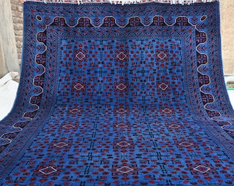 Fine Blue Bukhara Rug 7x10 Top Quality Afghan Handmade Wool Area Rug 200x300 cm Large Oriental Turkmen Soft Rug, Bedroom Rug Living room Rug