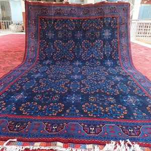 7x10 Navy Blue Bukhara Rug 6&#39;7x9&#39;9 ft Top Quality Afghan Handmade Wool Area Rug 200x300 cm Large Oriental Turkmen Tribal Rug, Bedroom Carpet