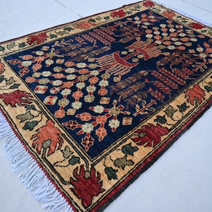 Navy Blue Rug 3x5 Afghan Rug, Handmade Rug, Fine Wool Rug Turkmen Floral Bijdar Rug, Turkish Oushak Rug, Bedroom Rug Kitchen Rug, Office Rug