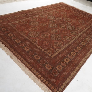 1990s Antique Rug 7x10 Terracotta Rug, Handmade Afghan Wool Rug, Caucasian Rug, Turkmen Tribal Rug, Low Pile Wool Rug for Kids Room 6'8x9'9"