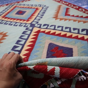 Afghan Kilim Rug 4&#39;10x6&#39;8 Stunning Handmade Wool Rug 150x200 cm Flatweave Oriental Turkmen Rug, 5x7 Southwestern design Rug, Light Blue Rug