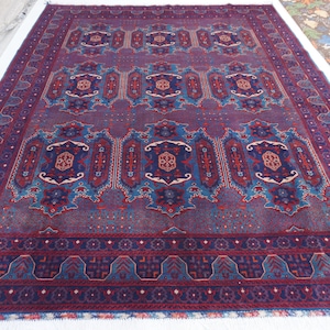 9x12 One of Kind Blue Geometric Rug, Top Quality Afghan Handmade Wool Rug, Oriental Bukhara Rug, Turkmen Modern Rug, Living Room Bedroom Rug