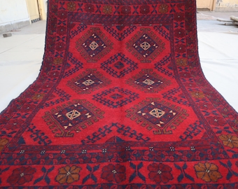 Afghan Bukhara rug 3x5 Oriental Turkmen Hand-Knotted rug 100x150 cm High Pile Vintage Carpet In Excellent Condition, Tribal Rug, Afghan rug