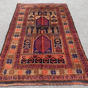 1940s Antique Prayer Rug 3x4 Afghan Handmade Wool Rug, Turkmen Tribal Wool Rug, Orange Vintage Prayer Rug, Oriental Rug, Bedroom Prayer Rug
