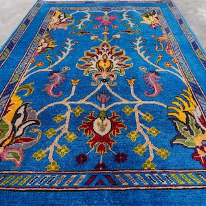 3&#39;6x5&#39;2 ft Blue Area Rug, Turkish Bijdar Area Rug, Handmade Wool Rug, Oriental Rug, Living Room Rug- Oushak Rug 105x160 cm Modern Floral Rug