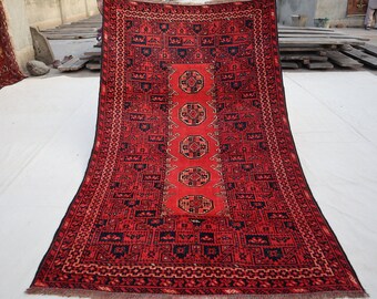 Antique Afghan Rug 3'5x5'9 ft Turkmen Mowri rug, Handmade Wool Rug, Oriental Vintage Rug, 1940s Rug for Bedroom Rug for Office Rug 4x6