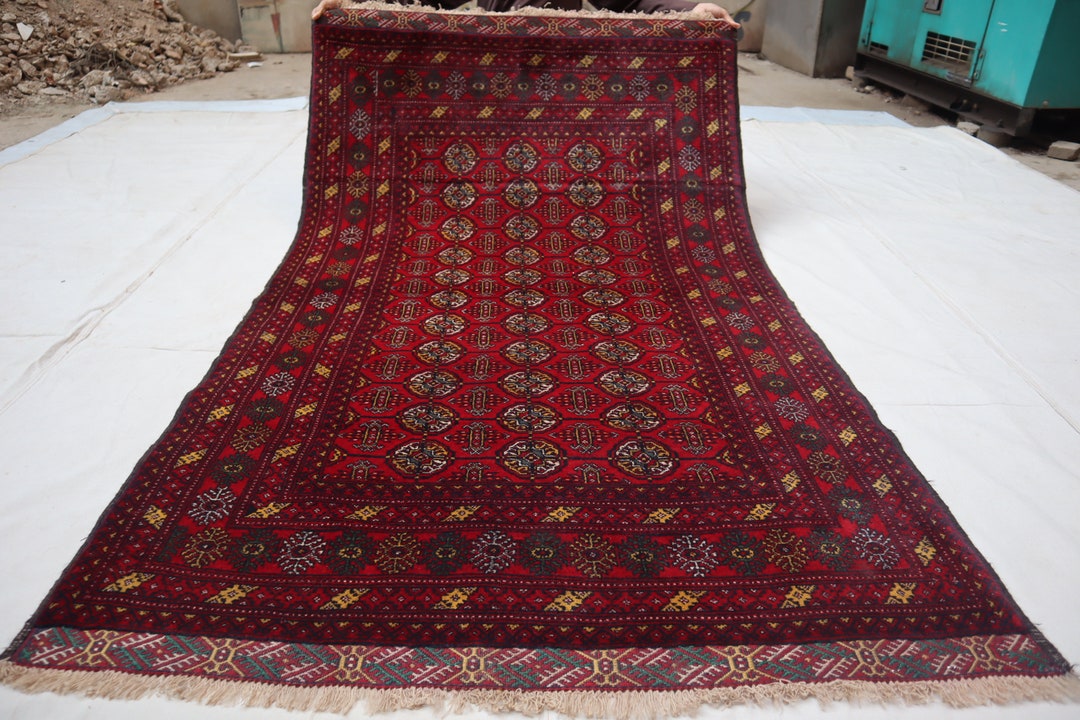 Turkmen Mowri Bukhara Rug 4x7 Ft Afghan Handmade Wool Rug, Tribal ...