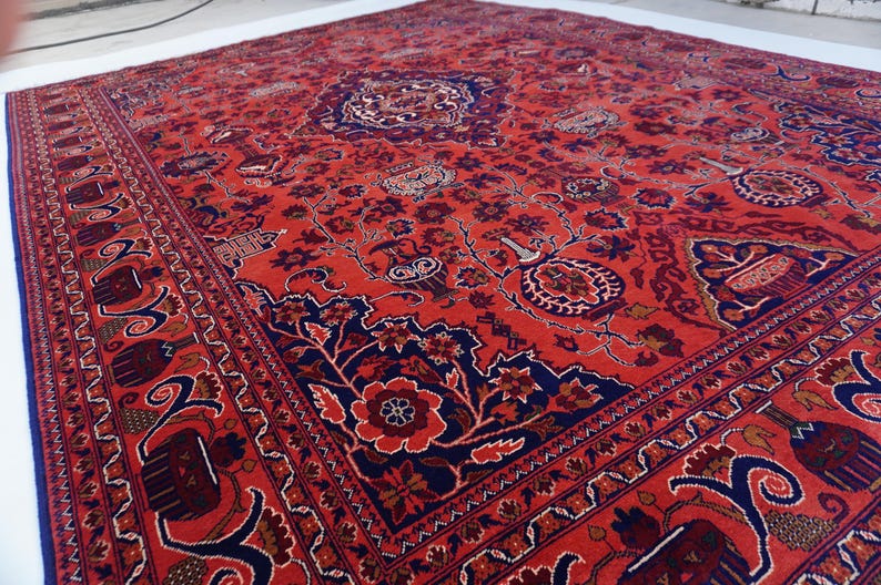 13x9 ft Large Afghan Rug, Hand Knotted Zer Khaki Geometric Bukhara Rug, Oriental Turkmen Tribal Rug, Red Living room Rug Dining Table Carpet Bild 2