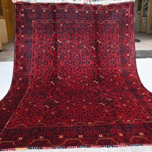 Tribal Vintage Bukhara Rug 4&#39;10x6&#39;5 ft Hand-knotted Afghan Rug, High Pile Soft Wool Rug, 5x7 Turkoman Red Carpet, Oriental Rug, Bedroom Rug