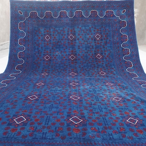 7x10 Large Blue Rug, Afghan Handmade Wool Rug, Top Quality Turkmen Tribal Bukhara Rug 155x205 cm Oriental Area Rug, Living room, Bedroom Rug