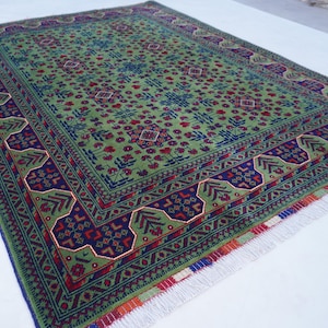 5x7 Green Rug, Afghan Bukhara Rug, Handmade Wool Rug, Turkmen Tribal Fine Area Rug 150x210 cm Oriental Soft Rug, Bedroom Rug Living Room Rug