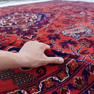 13x9 ft Large Afghan Rug, Hand Knotted Zer Khaki Geometric Bukhara Rug, Oriental Turkmen Tribal Rug, Red Living room Rug Dining Table Carpet Bild 5